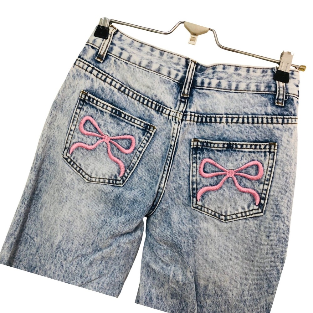 Y2K Telepatía Acid Wash Jeans Embroider Pink Bow Street Retro Women 00/23 26x30